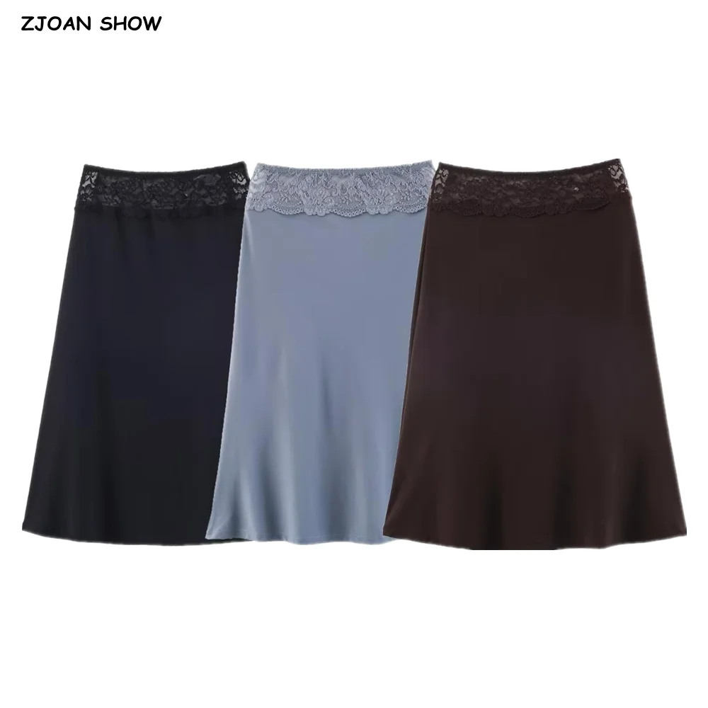 3 Colors Retro Spliced Lace Low Waist Knitted Midi Long Skirt Spring Summer Women A-lined Skirts Femme Grayblue Black Brown