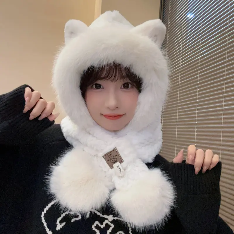 

New Fox Ears Plush Beanie Hat Cute Ear Protection Hat Scarf Kit Warm Winter Accessories Pullover Hats for Girls Women