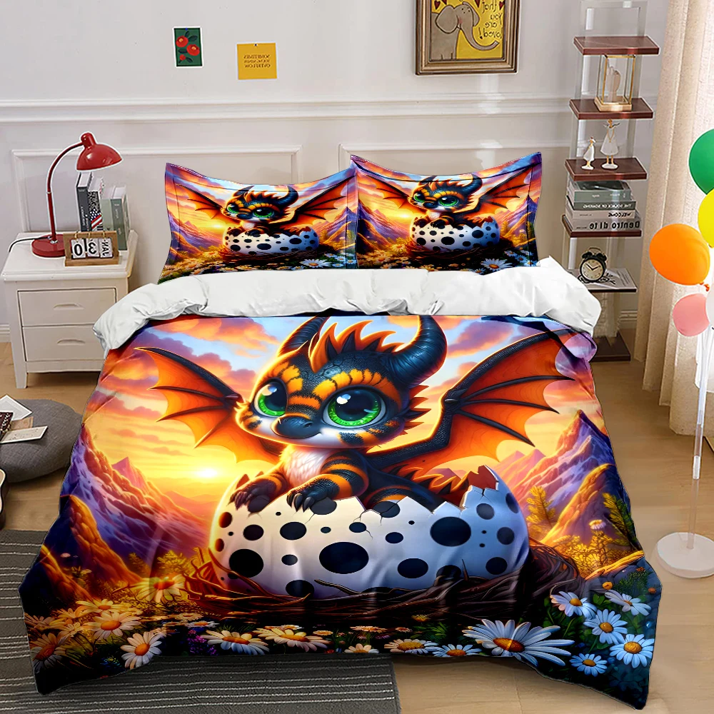 Adorable dragon hatching from egg Print Soft Comfortable Duvet Cover Bedding Set Included 1*Duvet Cover  2*Pillowcases