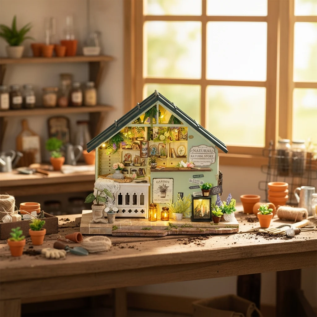 OUZEY 3D Wooden Dollhouse DIY Kit - Complete "Cozy Cottage" Model with Furniture & LED, Miniature Home Gift for Kids & Adults