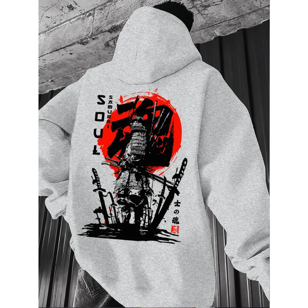 Men Double Sided Print Hoodie Japanese Samurai Soul Graphic Pullover Sweatshirt Oriental Streetwear Loose Hooded Tops