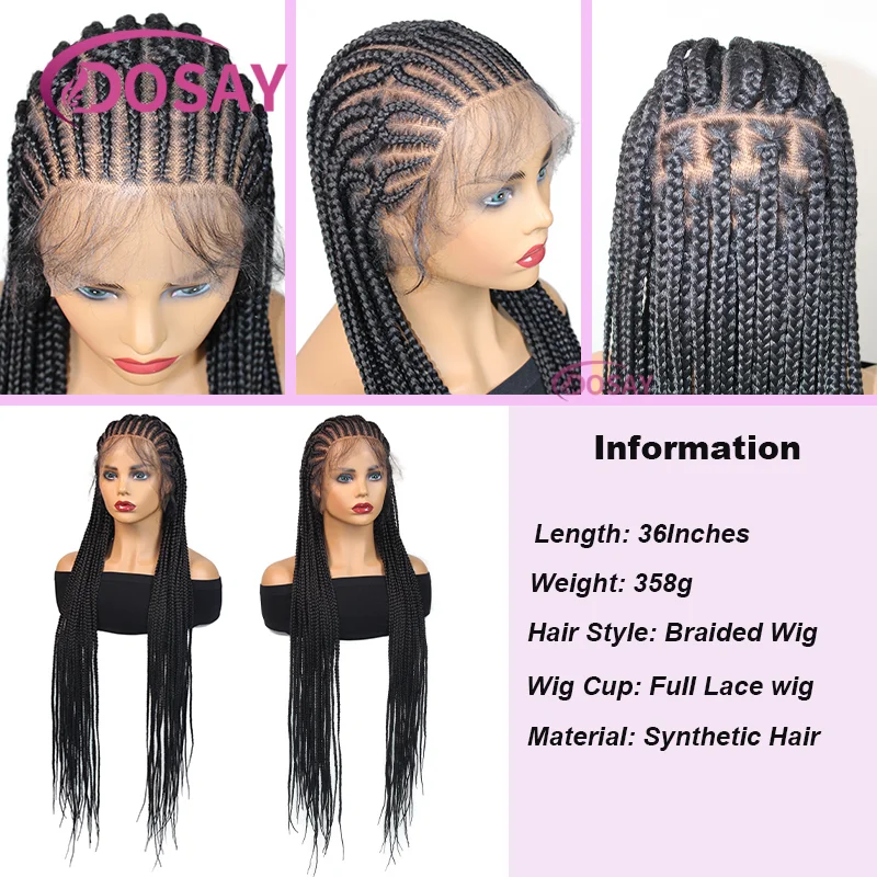 36インチ合成編み込みウィッグ、黒人女性用フルレースウィッグ、結び目のないボックスブレイズウィッグ、ベビーヘア付きコーンロウブレイズレースウィッグ