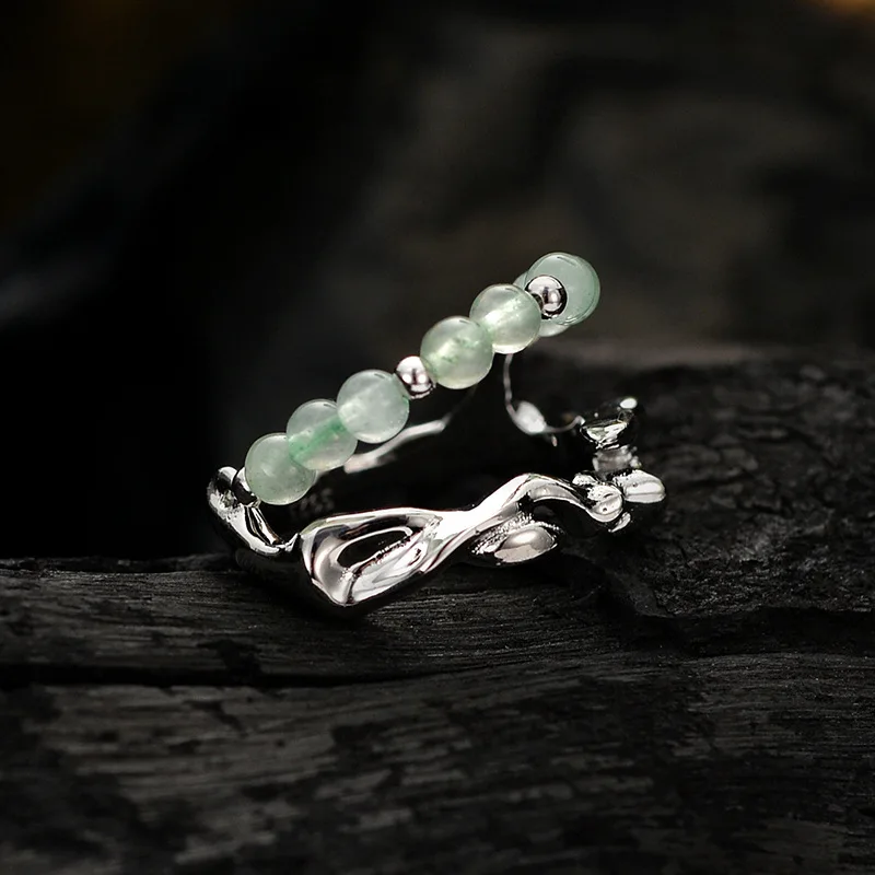 F.I.N.S Original Irregular S925 Sterling Silver Open Rings Aventurine Jade Stone Beads Layered Adjustable Finger Fine Jewelry