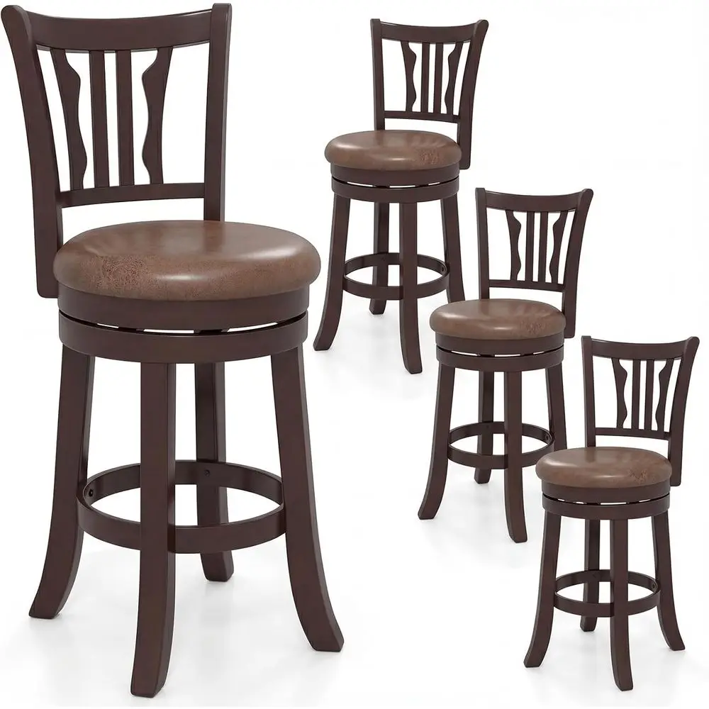 

Set of 4 26 Upholstered Swivel Bar Stools with Backrest, Faux Leather Seat, Solid Rubber Edge, and Wooden Frame for Kitchen Isla