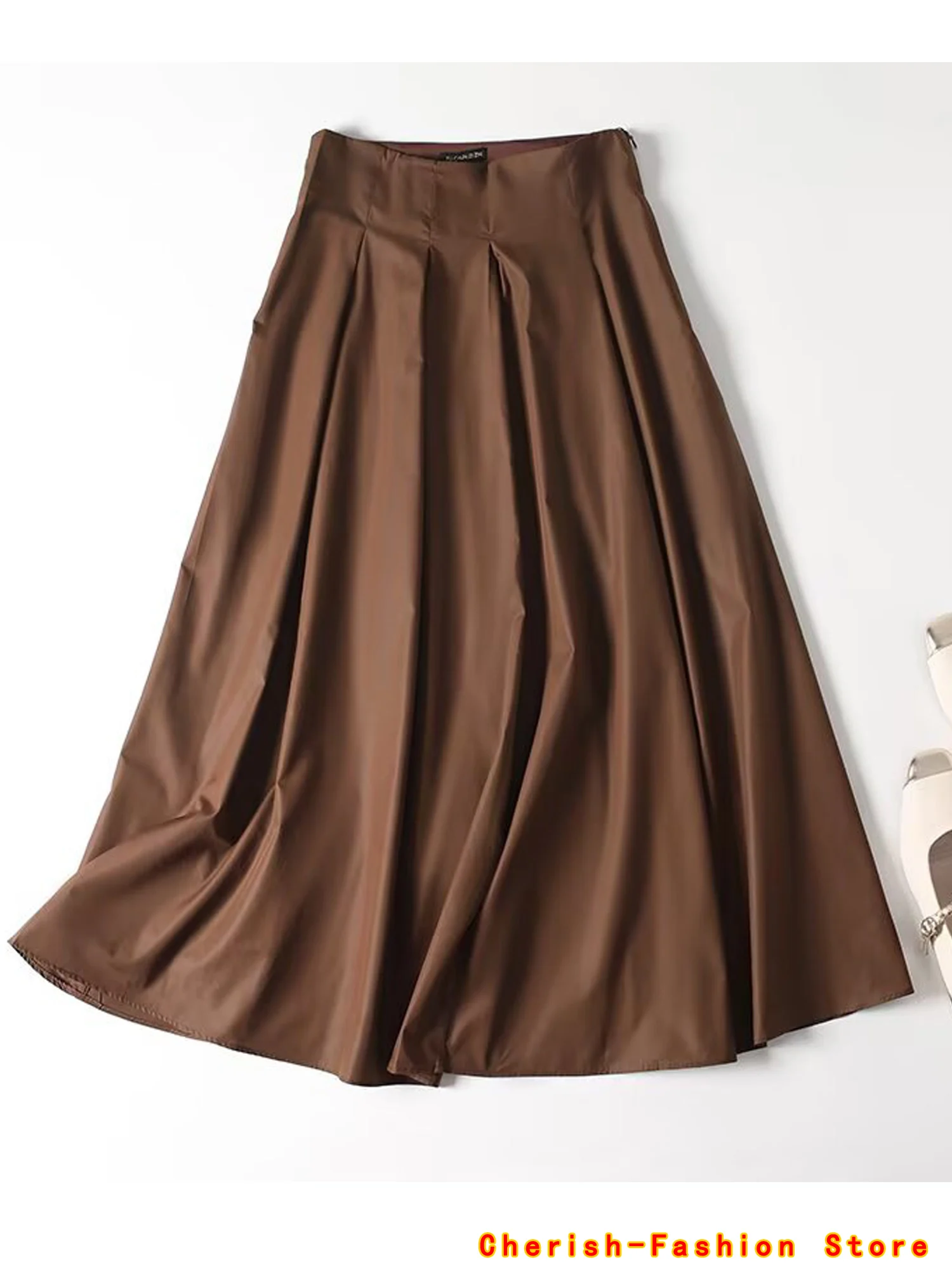 

Новая женская модная повседневная плиссированная юбка-миди трапециевидной формы с украшением по бокам и застежкой-молнией в стиле ретро, женская юбка на молнии с высокой талией, брендовая юбка