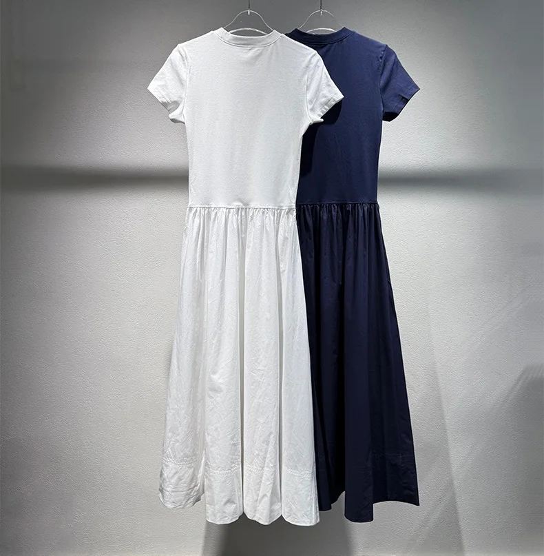 คุณภาพสูงใหม่เสื้อยืดยาวชุด 2025 ฤดูร้อน Lady กระเป๋า Patchwork ความยาวกลางลูกวัวสบายๆสีขาวสีน้ําเงินเข้มชุดผ้าฝ้าย