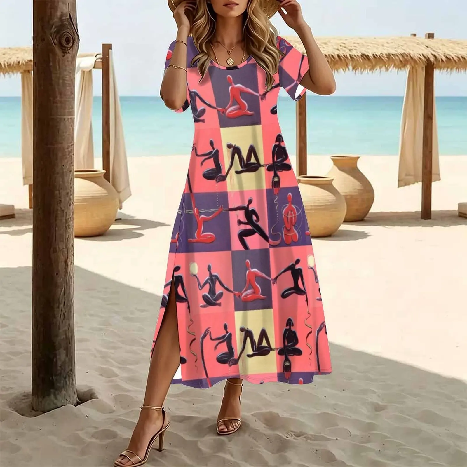 Yoga Positions Women's Round Neck Short Sleeve Split Long Dress