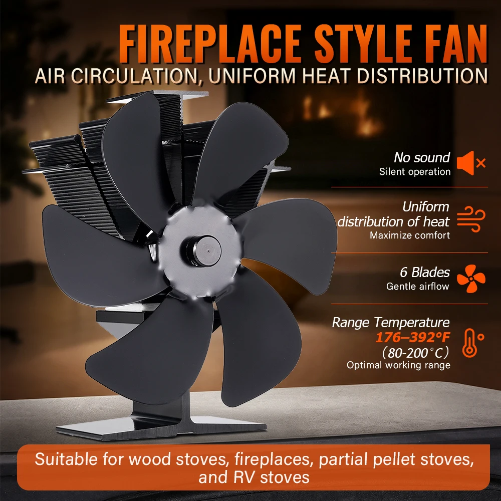 Heat Powered Wood Stove Fan 6 Blades Fireplace Fan with Thermometer Silent Fan for Log Burner Pellet Stove Winter Home Heating