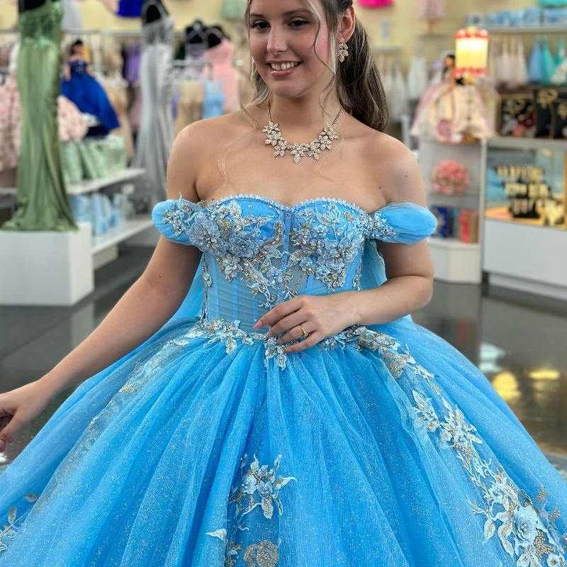 Aangepaste blauwe glanzende lieverd quinceanera jurk baljurk met cape applicaties kant kralen sweet 16 vestidos de fiesta yqd547