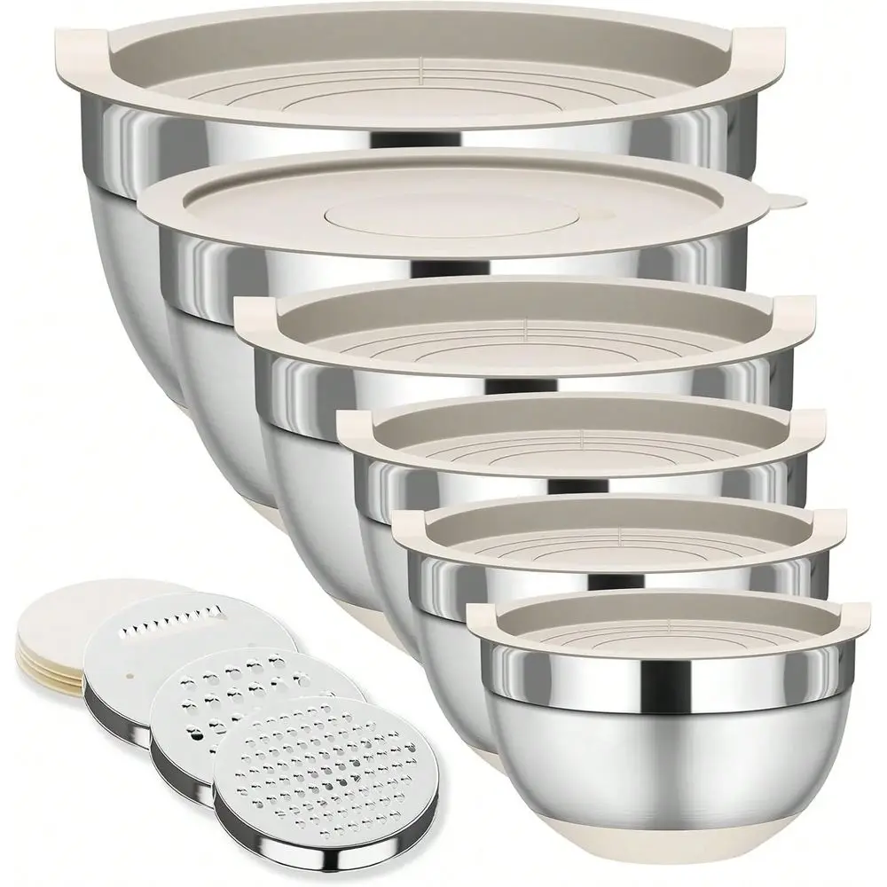 

Bowls With Lids Set, 6 Piece Stainless Steel Nesting Storage Bowls For Kitchen, With 3 Grater Attachments NonSlip Bottoms, Size