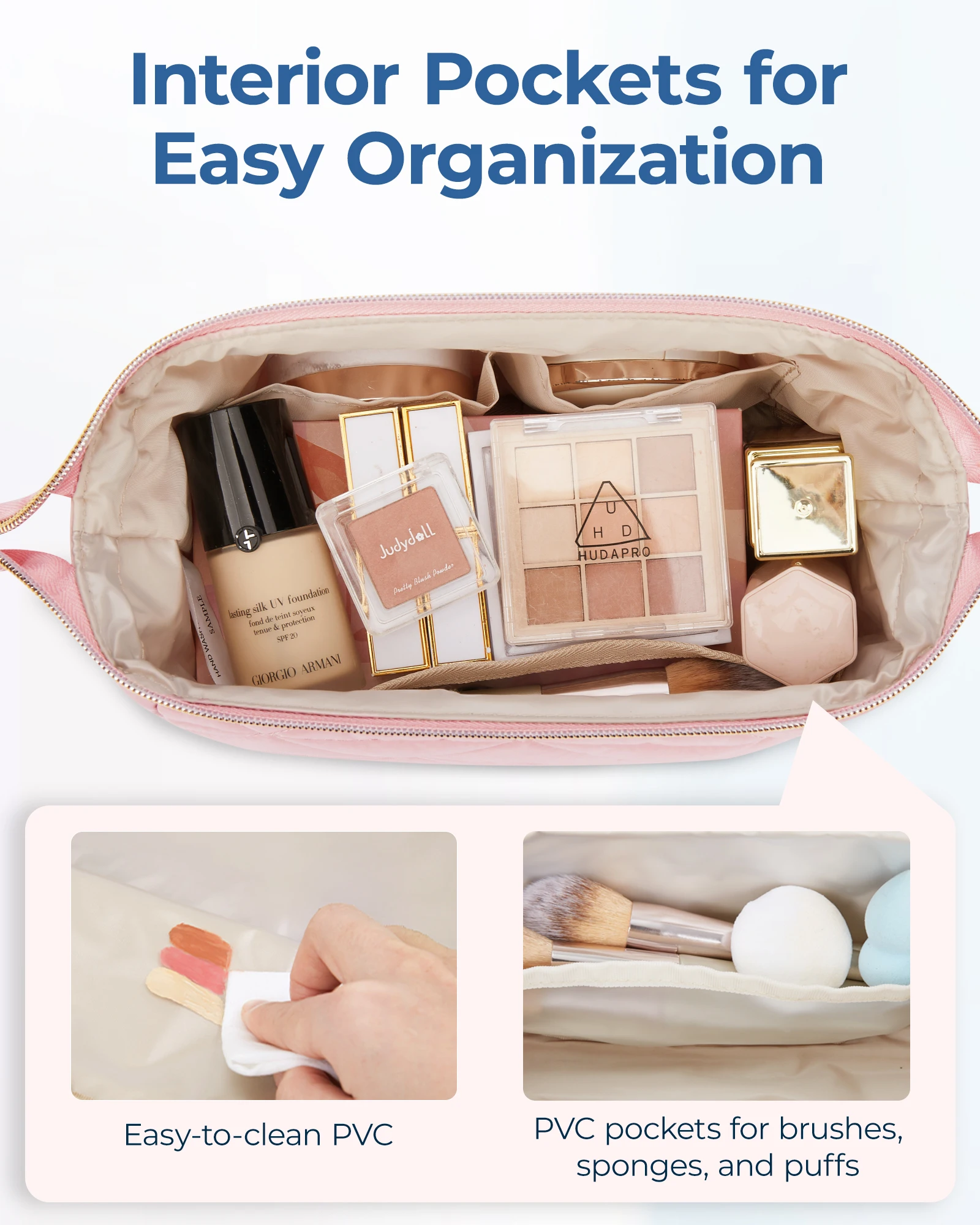 BAGSMART Borsa per organizer per trucco Borsa per cosmetici ampia aperta Custodia per trucco imbottita gonfia per articoli da toeletta essenziali Accessori Spazzole