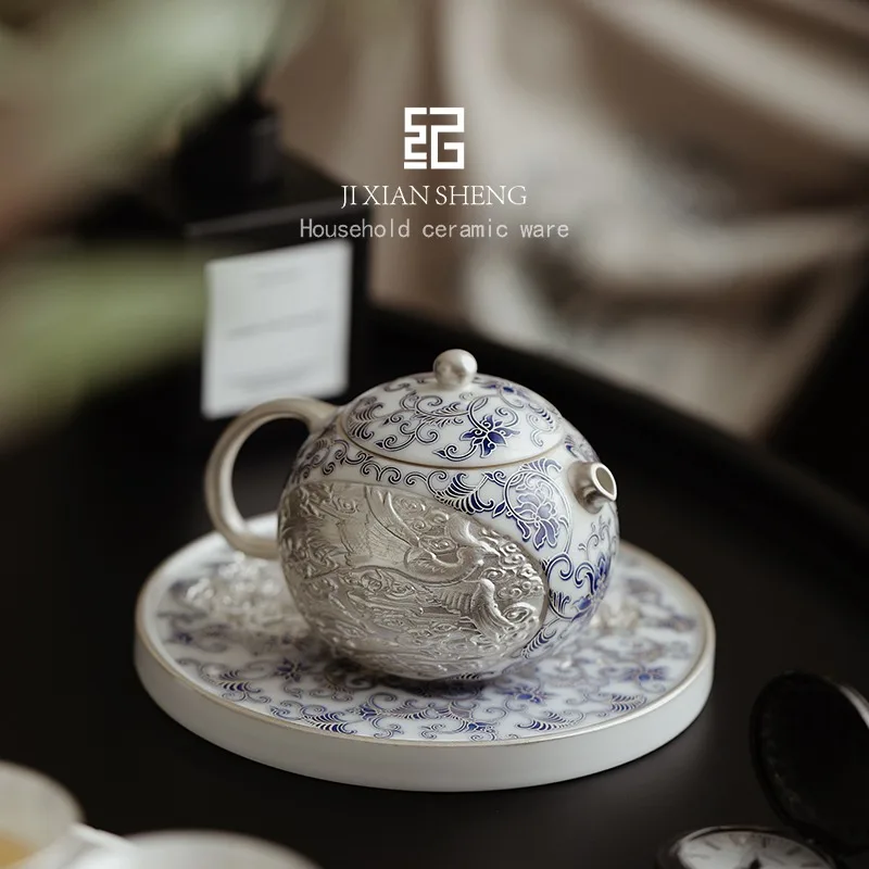 Mr. Ji'S Juego de caja de té para el hogar, dragón azul y blanco chapado en plata, Phoenix Xishi, como regalo de cumpleaños para personas mayores