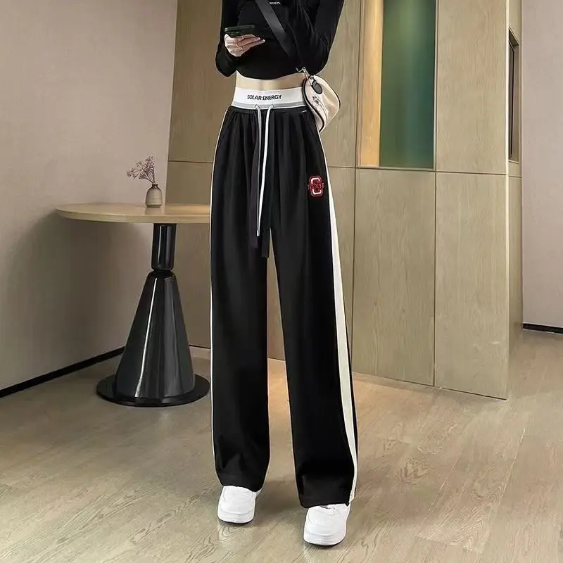 Fashion High Waist Straight Pants Spring Autumn New Drawstring Contrast Striped Loose Wide Leg Pants Casual Trend Women Clothing