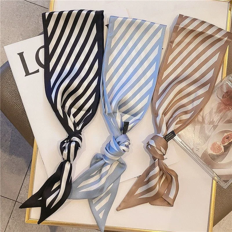 Stripe Long Silk Scarf  Multifunctional Hair Band Ribbon Neckties Bow Bag Decoration