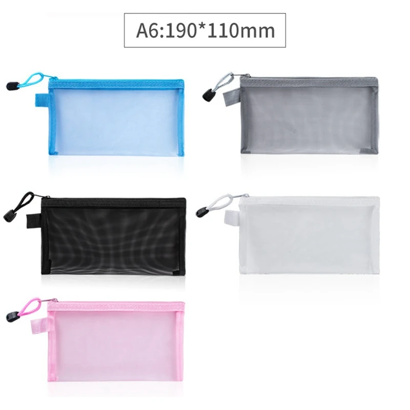 Mesh Zipper Pouch para Documento, Limpar Documento Bag, Book File Folders, Papelaria Lápis Case, Sacos De Armazenamento, 5 Cores, 5PCs