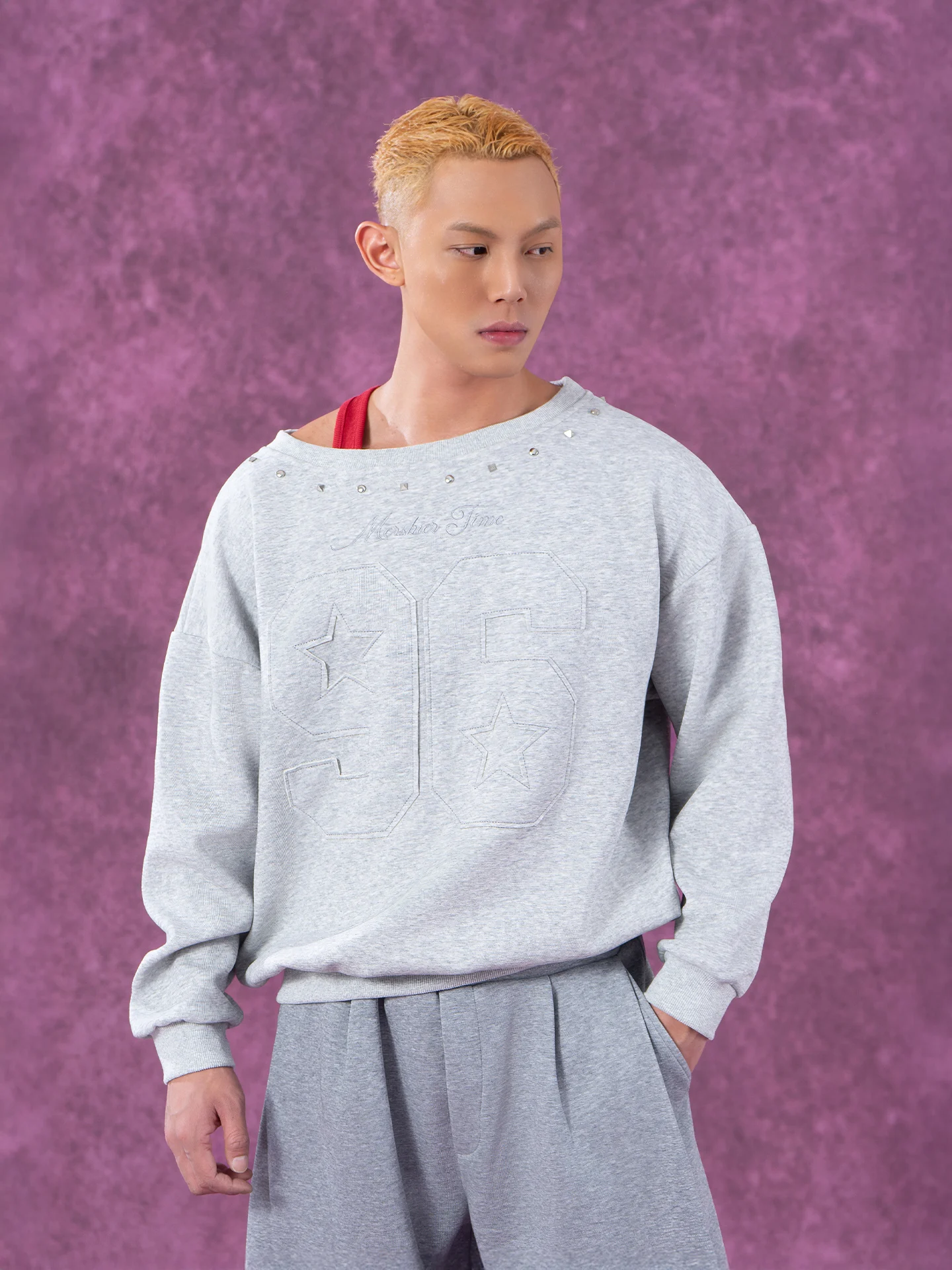 

CLP Grey Red Long Sleeve Hoodie Men's Casual Loose American Style Overhead Shirt Sports Rivet Design Shoulder Patches Wide ...