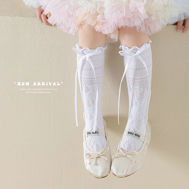 

Sweet Bow Long Ribbon Lolita Knee Socks Baby Girl's Black White Beige Flower Tight Stocking Cute Ruffle Sock with Stitch Bowknot