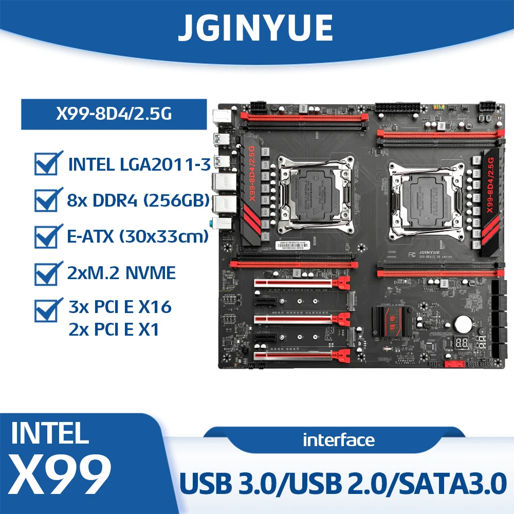 X99 LGA 2011-3 Dual-CPU-Mainboard, E-ATX Server-Motherboard Kompatibel mit Intel E5 V3 V4 Serie CPUs, DDR4 Max 256GB, NVME/NGFF M.2, PCIe X16, Gigabit LAN