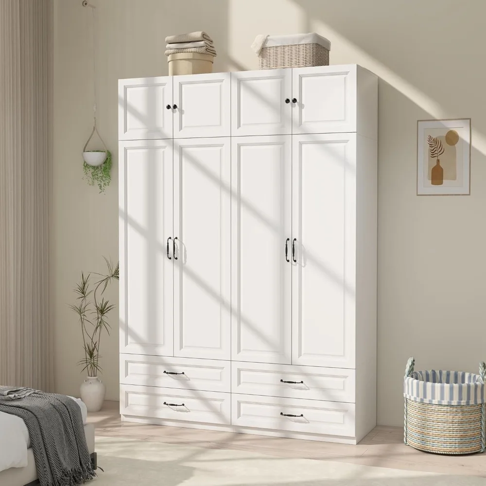 

Modern Armoire Wardrobe Closet, with 4 Drawers: 89" White Bedroom Wardrobe Cabinet with 4 Doors, Wood Armoire with Hanging Rod