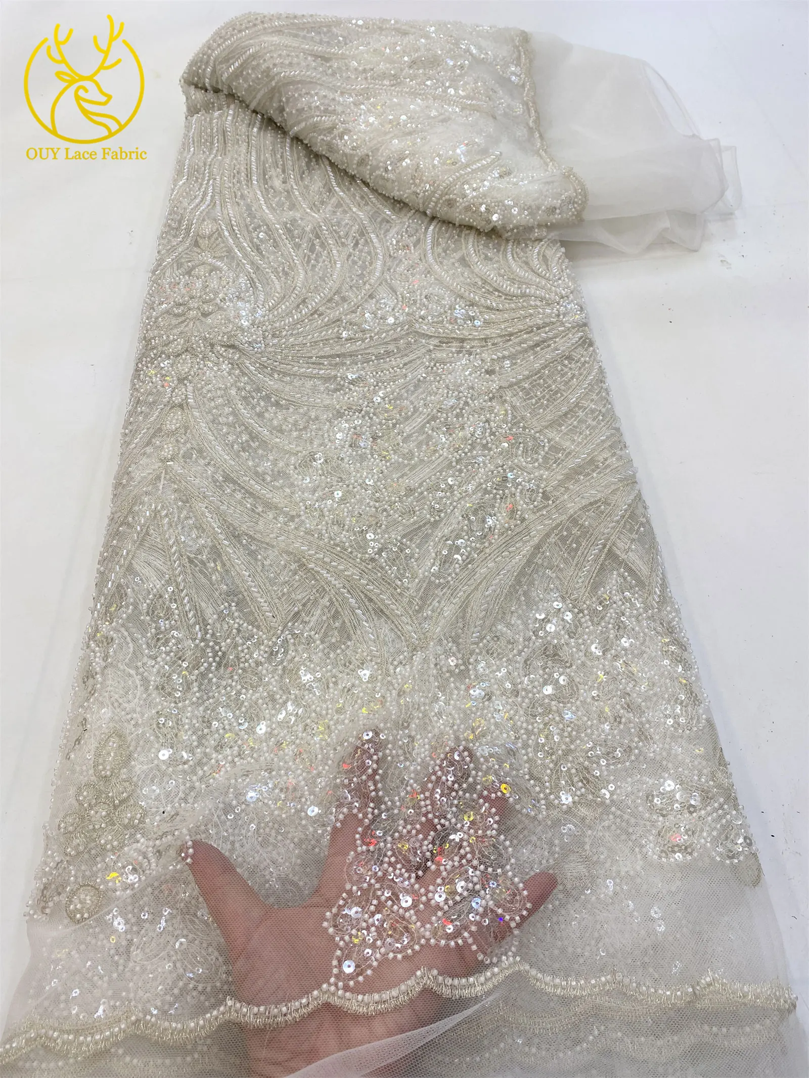 Eleganter französischer bestickter Perlen-Spitzenstoff 2026 – Hochwertiger afrikanischer Pailletten-Spitzenstoff für nigerianische Hochzeitskleider zum Nähen – Detail 15