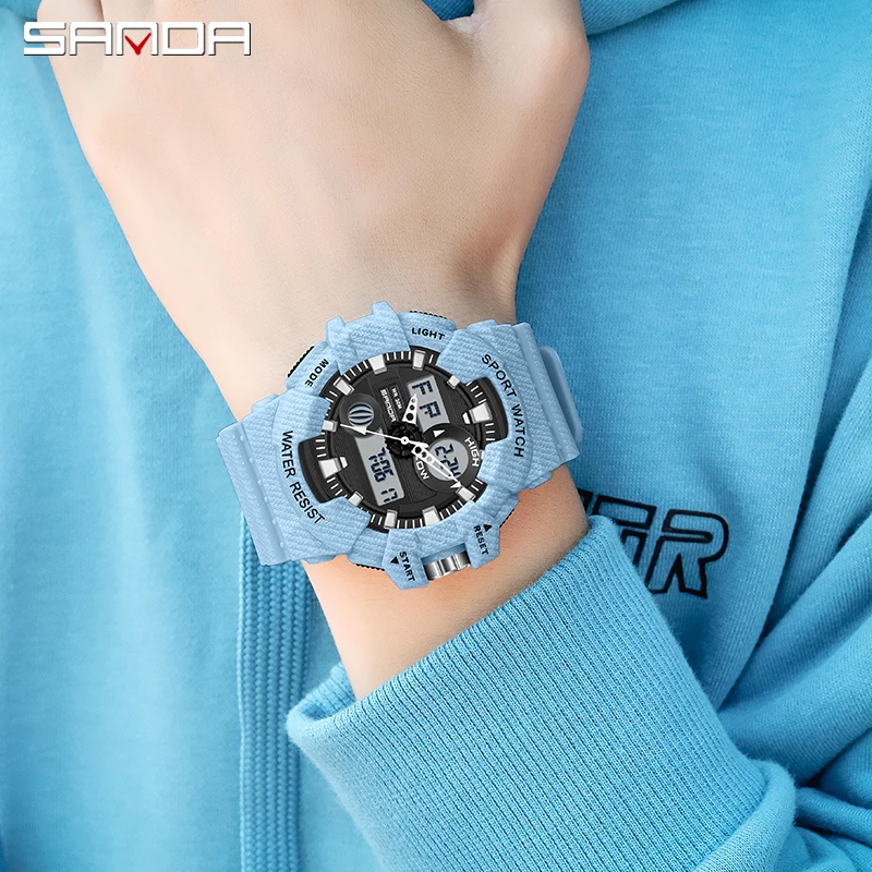 SANDA-Reloj deportivo para hombre y mujer, cronógrafo con pantalla Dual LED HD, alarma, resistente al agua, 2023