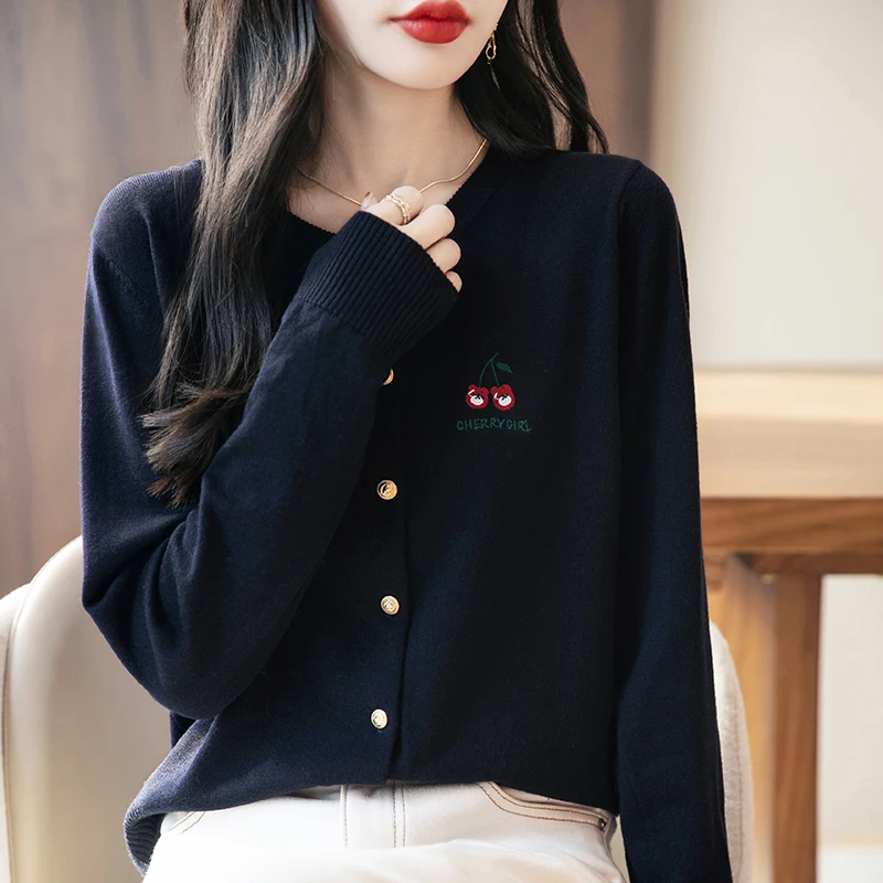 WinvyNee Women's Crew Neck Worsted Wool Gold Button Cardigan Spring Autumn Cute Cherry Emblem Classic Breathable Wear B1757028