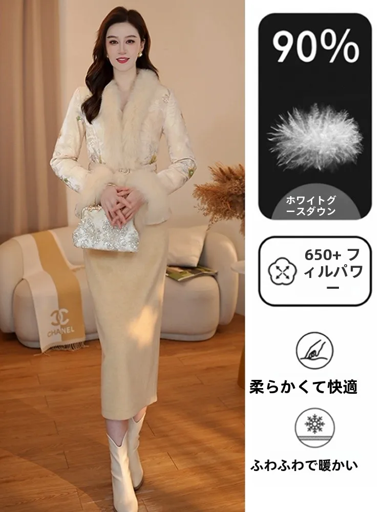 

New Chinese Style White Goose down Jacket Fur Lined Warmth Outerwear Izp Ladies Fashion Winter Coat Short Length Open Car...