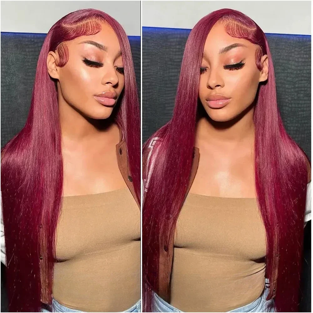 180% Density 34 36 Inches Red Wig 99J Burgundy 13X6 Straight Hd Transparent Lace Frontal 100% Human Hair Wig For Woman