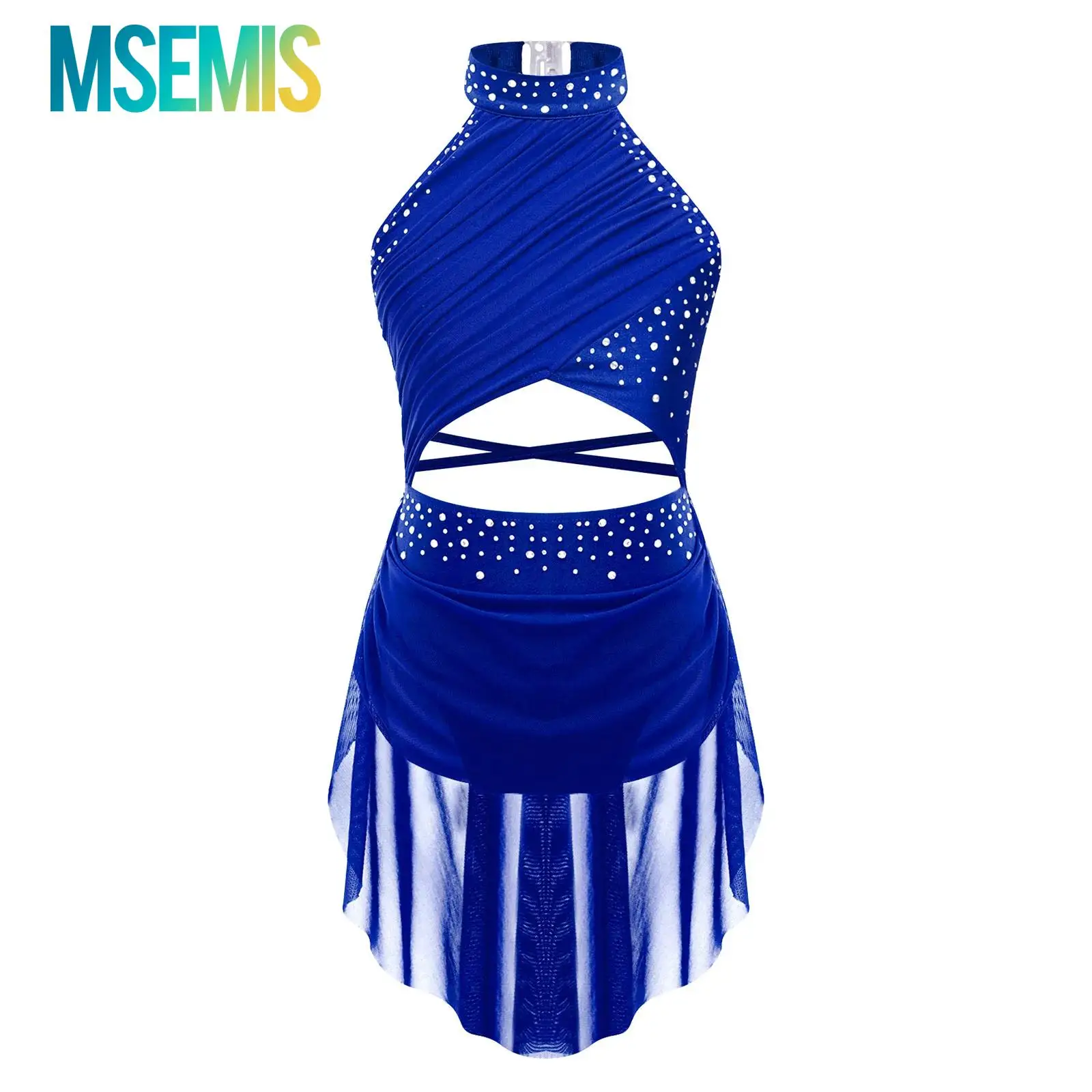 

Kids Girls Ballet Lyrical Latin Artistic Skating Dance Costume Glittery Rhinestone Cutout Strappy Backless Overlay Leotard Dress