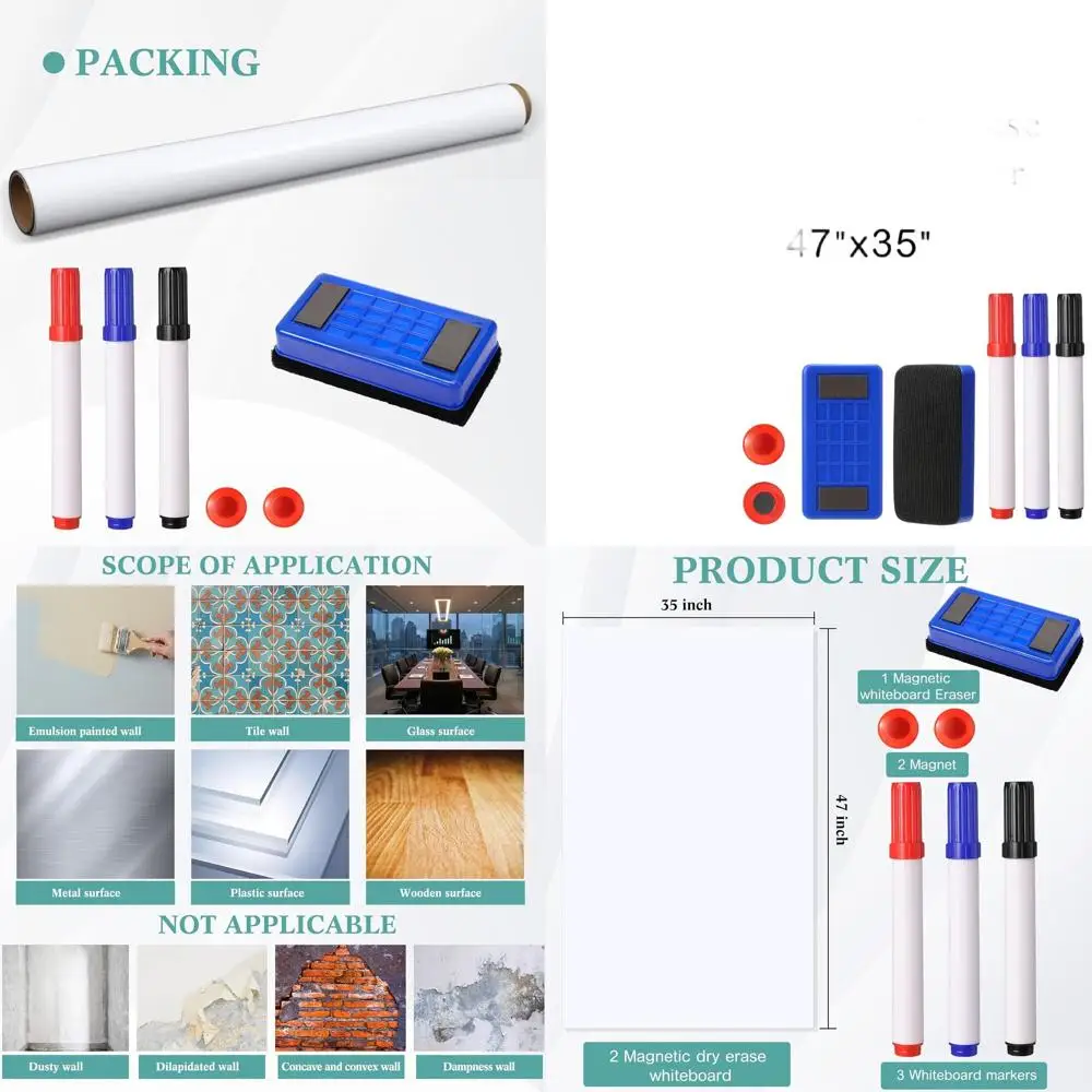

Самоклеящаяся магнитная бумага для досок, 2 упаковки 47x35, настенные доски для сухого стирания с маркером, ластиком, магнитами для дома и офиса.