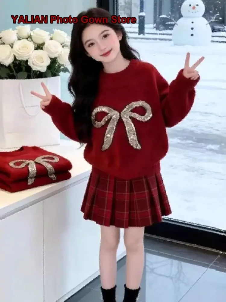 Girls Two-Piece Set Kids Autumn Winter Stylish New Year Dress Solid Color