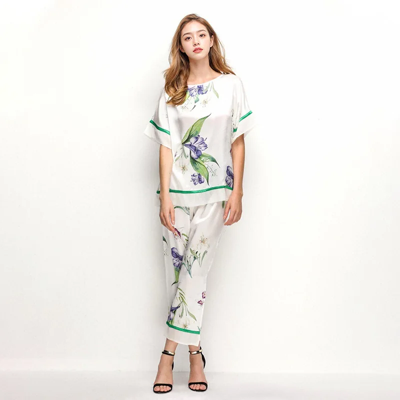 BirdTree, 16MM 100%Real Silk Pajama Set, Women Short Sleeve Top Pants, Flower Comfortable Homewear, 2024 Summer Fall S550144QM