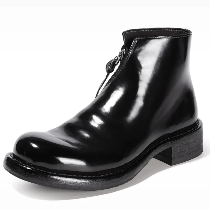 Horse Hip Leather Chelsea Boots Shoes for Women's Autumn/Winter Horse Skin Handmade Goodyear Side Zipper High Top Horseskin Shoe