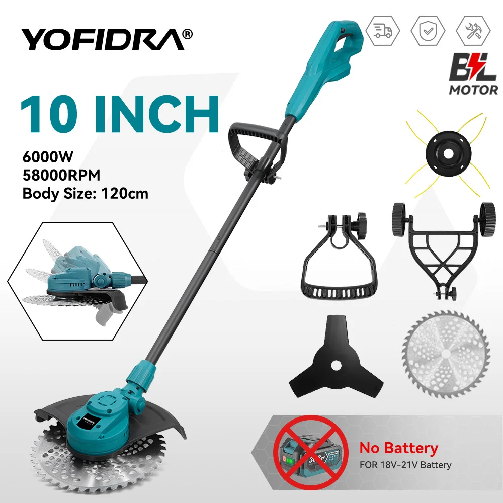 YOFIDRA 10 Inches Brushless Electric Lawn Mower Cordless Foldable Trimmer Garden Pruning Power Tools For Makita 18V Battery Pin