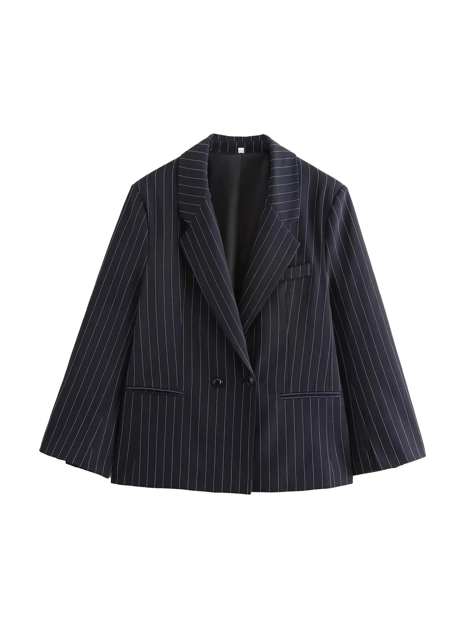 

Women's Dark Blue Striped Blazer Jacket Vintage Single Breasted Outerwear Long Sleeve Suit Coat Harajuku Y2k 2000s Clothes Autum