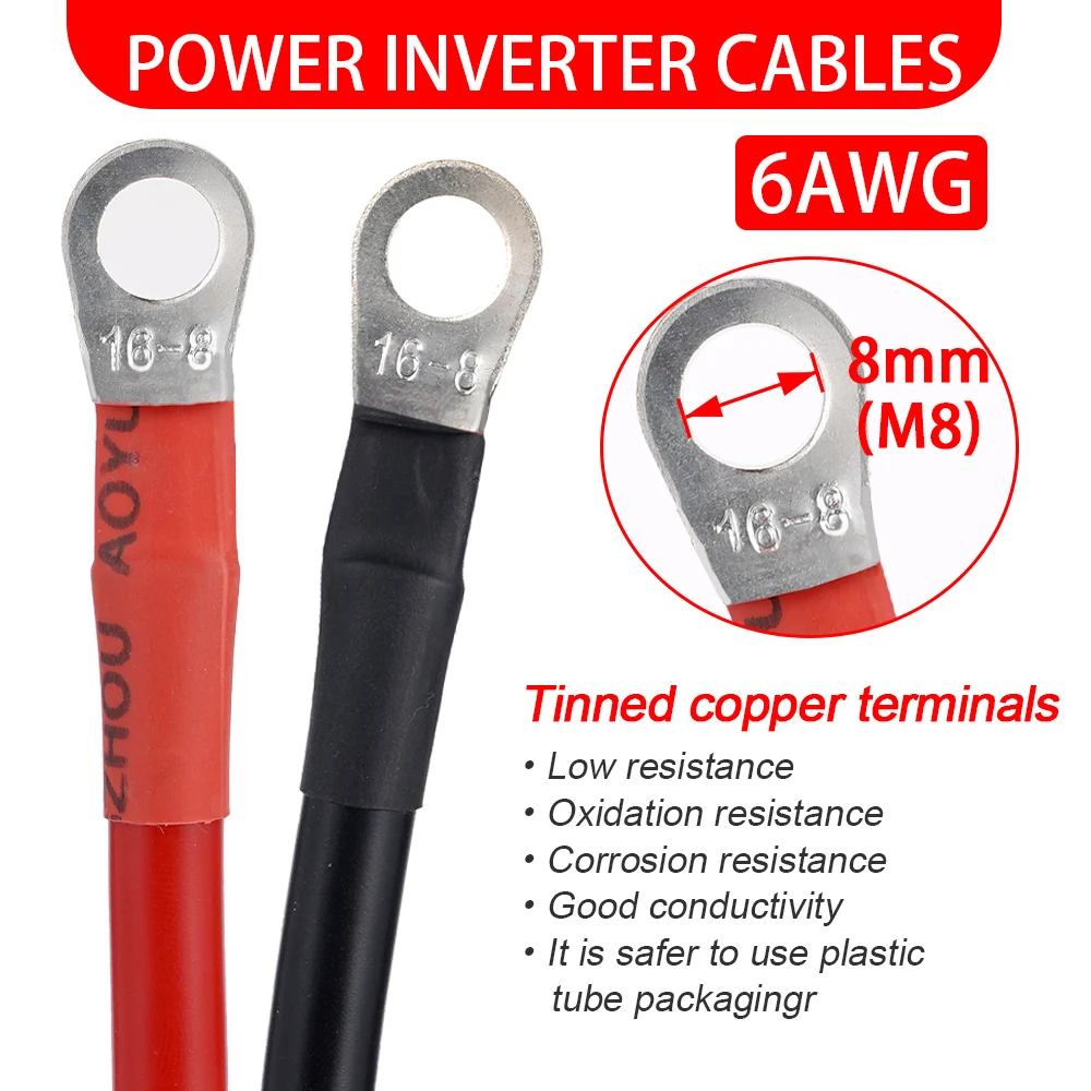 

6AWG Battery Inverter M8 Terminal Pure Copper PVC Tin Plated Copper Battery 50cm Extension Cable For Automobiles RV Ships