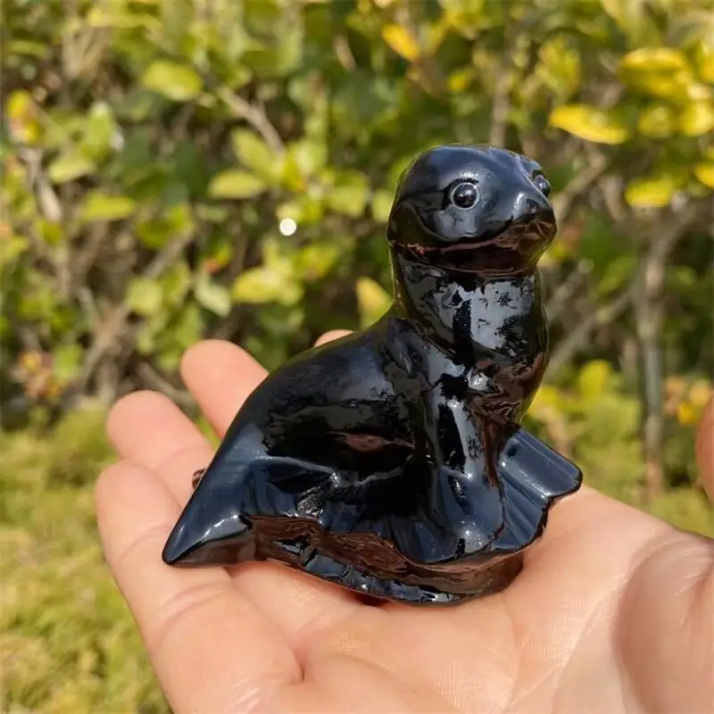 

Natural Black Obsidian Seal Carving Polished Animal Powerful Statue For Home Decoration Holiday Gift 1pcs