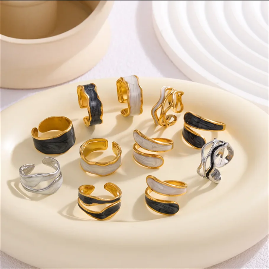 

5pcs/Lot Vintage Stainless Steel Geometric Dripping Oil Opening Ring For Women Simple Gold Color Adjustable Finger Ring Jewelry