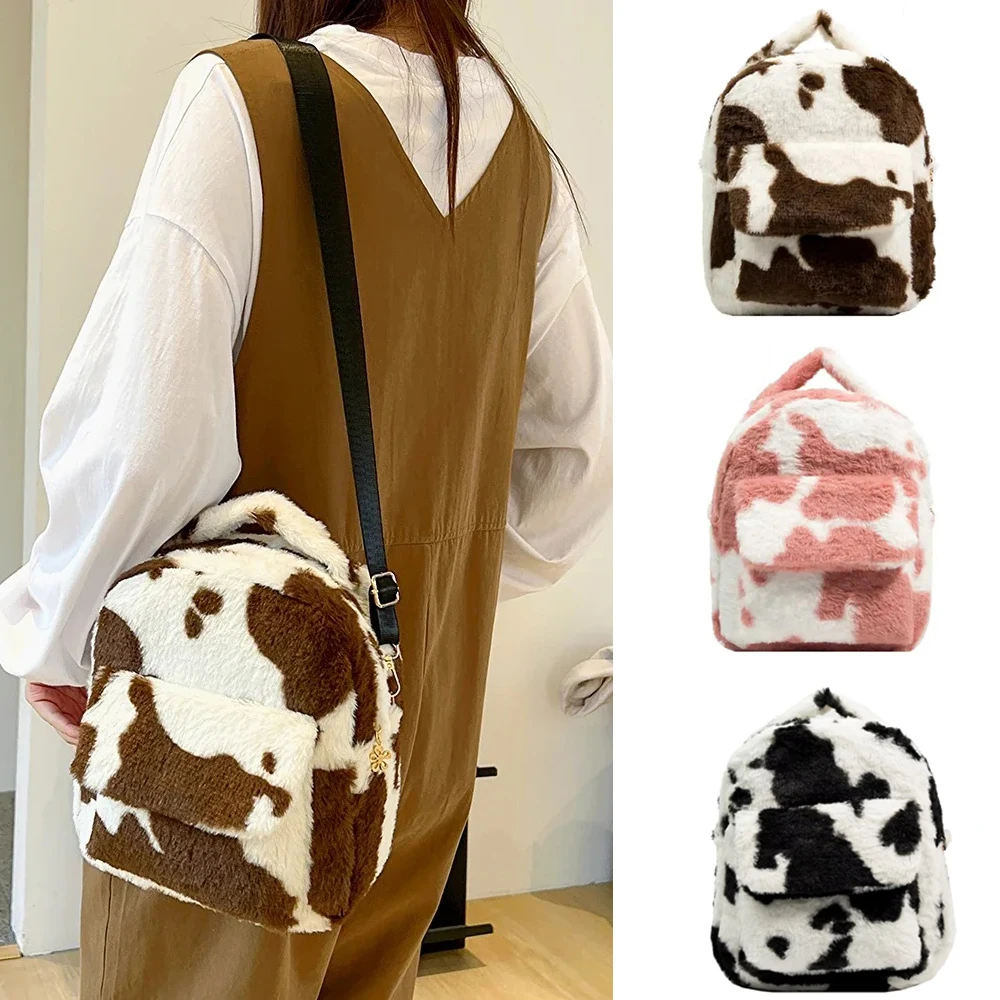 1pc Cow Pattern Plush Backpacks Multifunctional Portable Shoulder Bag Women Adjustable Strap Shopping Bags for Birthday Gifts