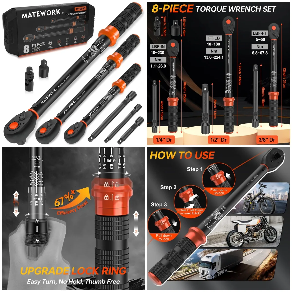 

Upgraded 8PCS Torque Wrench Set, 1/4-1/2 in Drive, 10-230in.lb, 5-50ft.lb, 72-Tooth Dual Scale, ±3% Accuracy, for Bike, Car, Mot