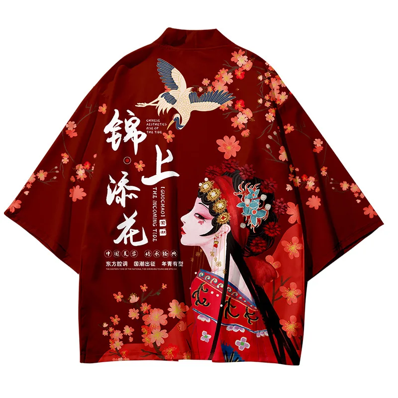 

Beauty Crane Printed Red Kimono Beach Shorts Cropped Pants Women Men Japanese Haori Asian Streetwear Cardigan Yukata Cosplay