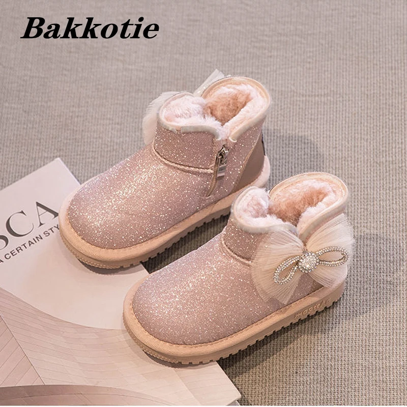 Girls Snow Boots 2023 Winter Toddler Kids Fashion Brand Princess Chelsea Ankle Boots Baby Warm Fur Shoes Children Bowtie Soft