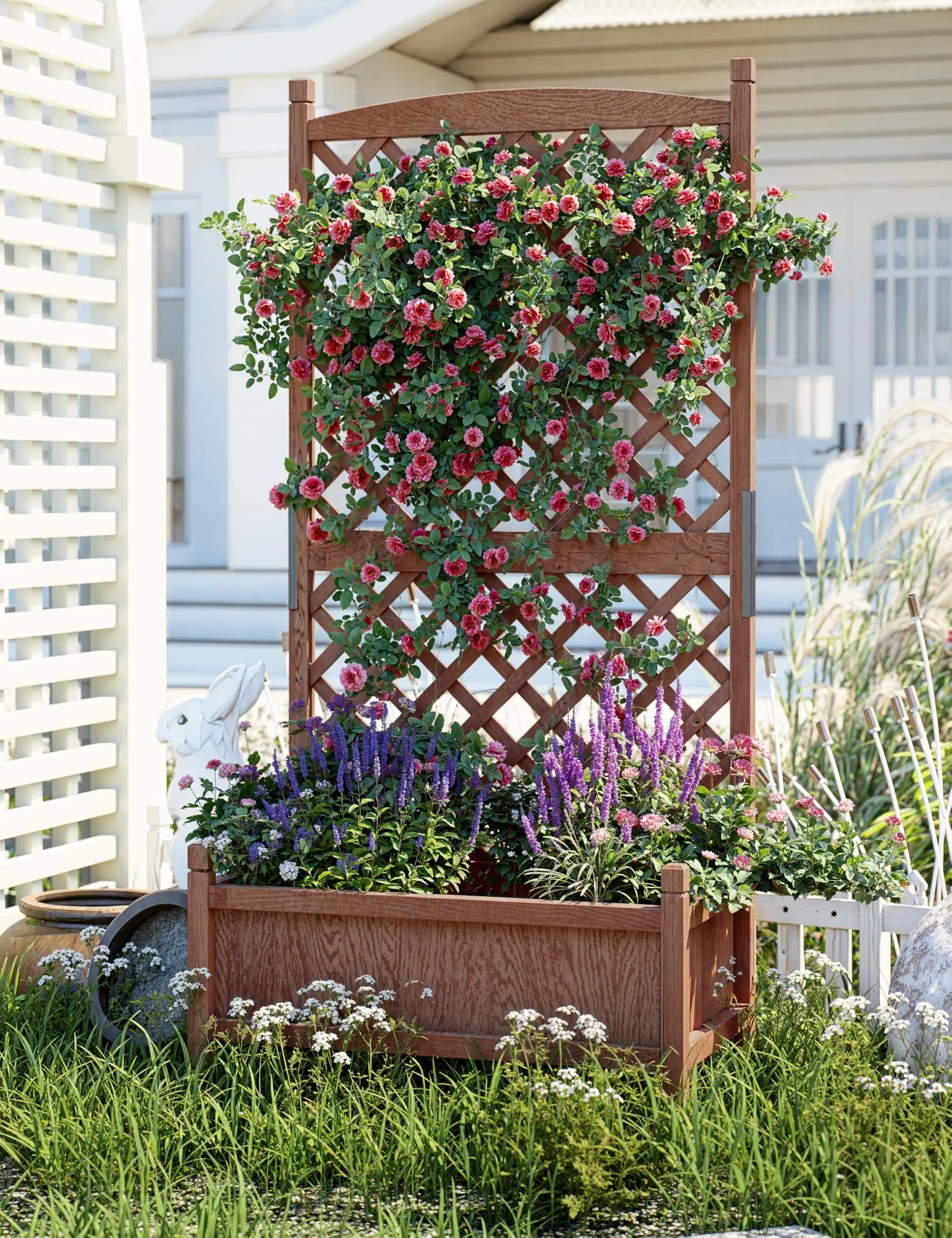 Jardinera de madera con trellis sobre ruedas 75x66x156cm, cama de jardín elevada con orificios de drenaje para patio o balcón