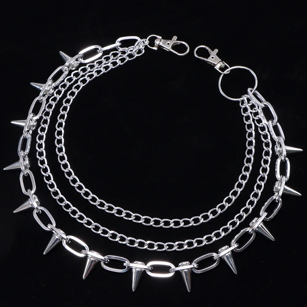 Hip Hop Punk Exaggerated Rivet Pant Chain Keychain for Women Fashion Multilayer Silver Color Black Jeans Waist Chain Jewelry