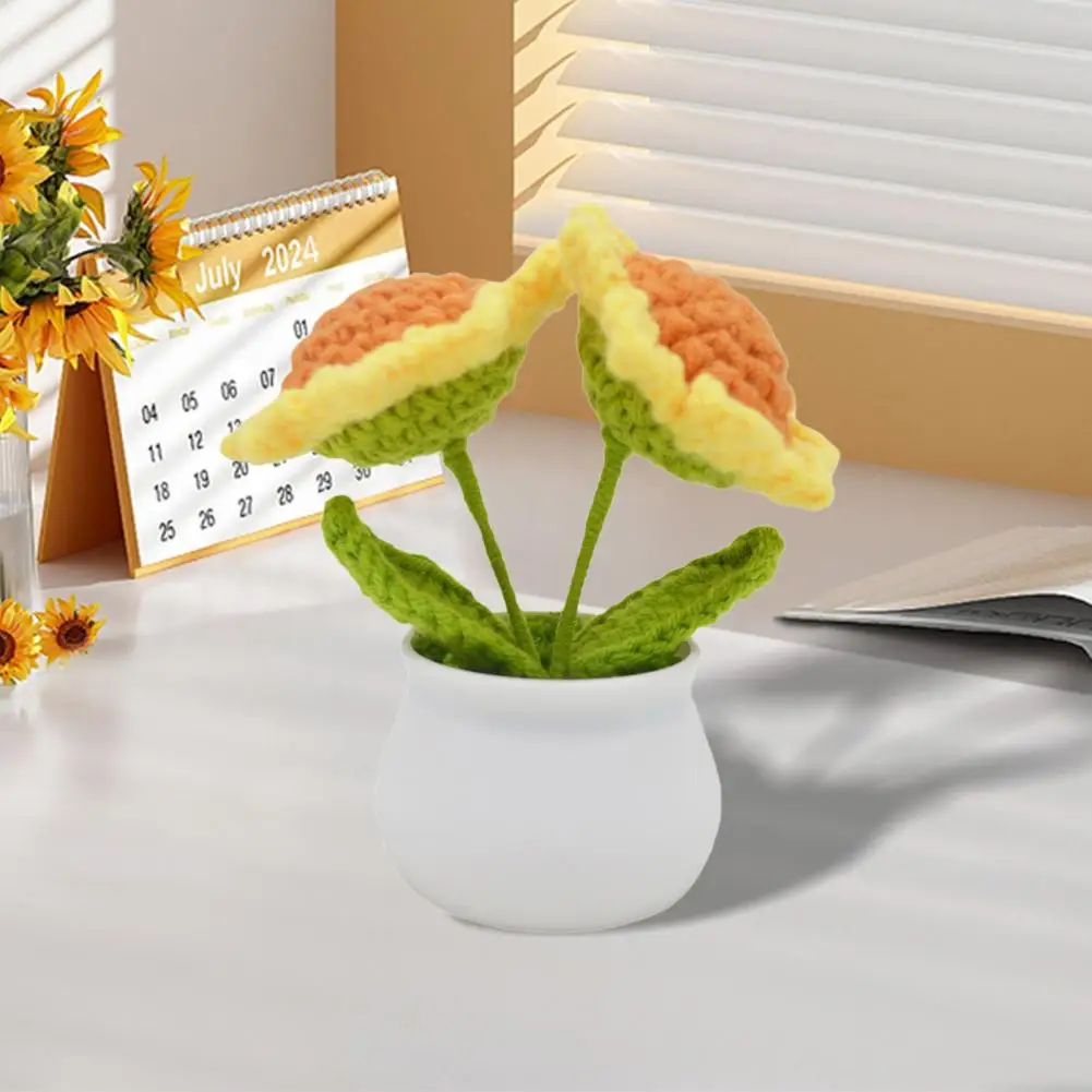 Yarn Sunflower Decor Handmade Crochet Sunflower Decoration with Double Heads White Vase Mini Knitted Flower for Home Office