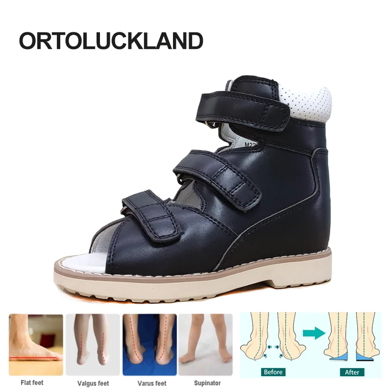 

Ortoluckland Children's Orthopedic Sandals Summer Black Leather Clubfoot Flatfeet School Shoes for Boys Girls