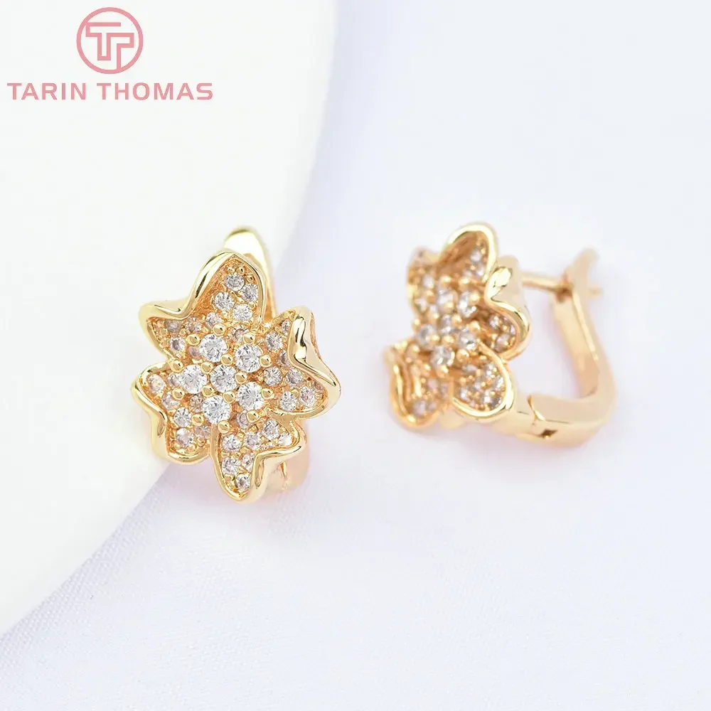 (6527) 2PCS 12x14MM 24K Gold Color Brass with Zircon Flower Earrings Clip High Quality Jewellery Accessories Wholesale