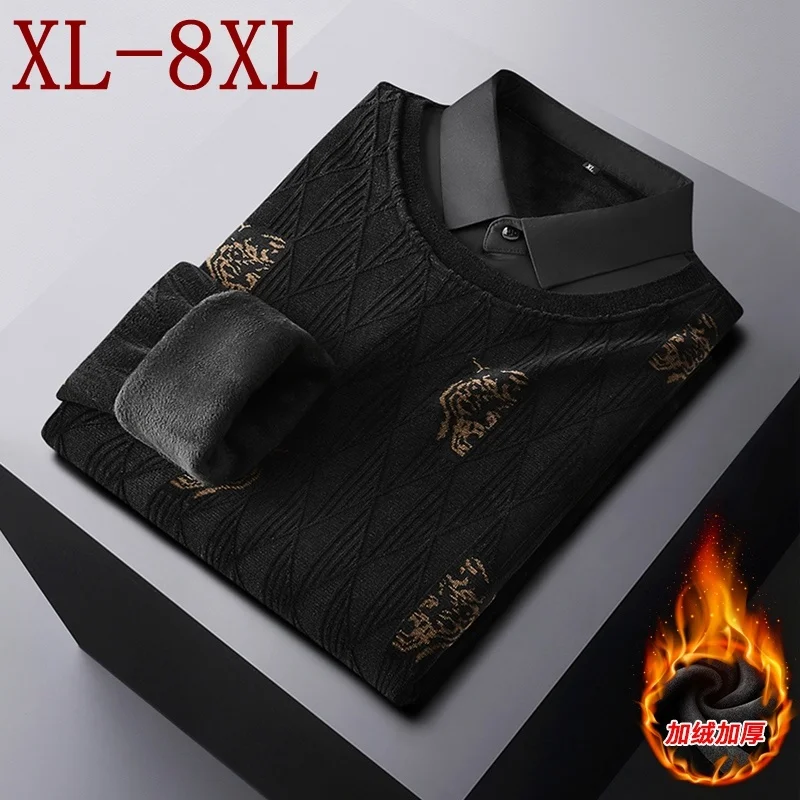 Pull Keep Warm Homme 8XL 7XL 6XL 2023 New Winter Fake Two Piece Plus Velvet Sweater Men Fashion Printed Mens Pullover Sweaters