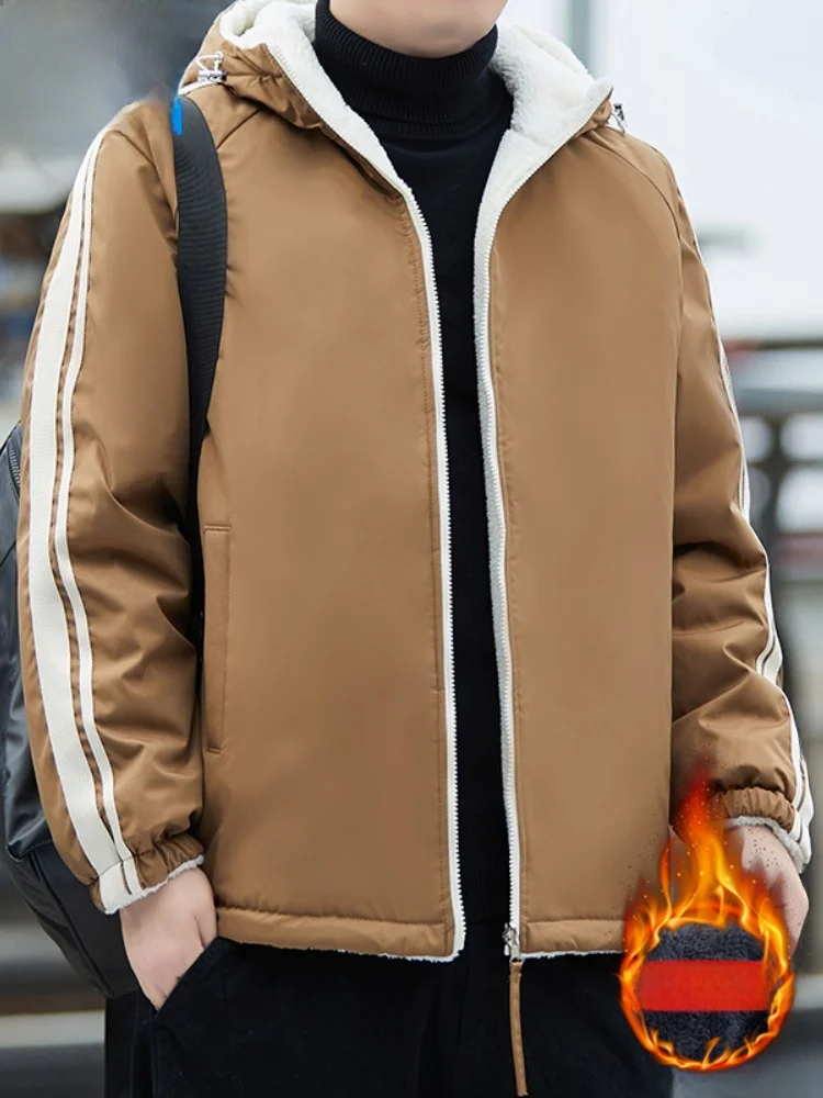 

Двусторонняя одежда Thiened Lamb Velvet Cotton Jaet, повседневная спортивная одежда для мужчин, теплая верхняя одежда, топ, молодежное зимнее пальто