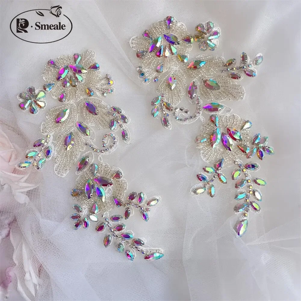 1Pair Handsewn Glass Drill Mirror Flowers Sparkling Rhinestone Flowers Coats Waistbands Shoulders Wedding Dress DIY Patch RS4898